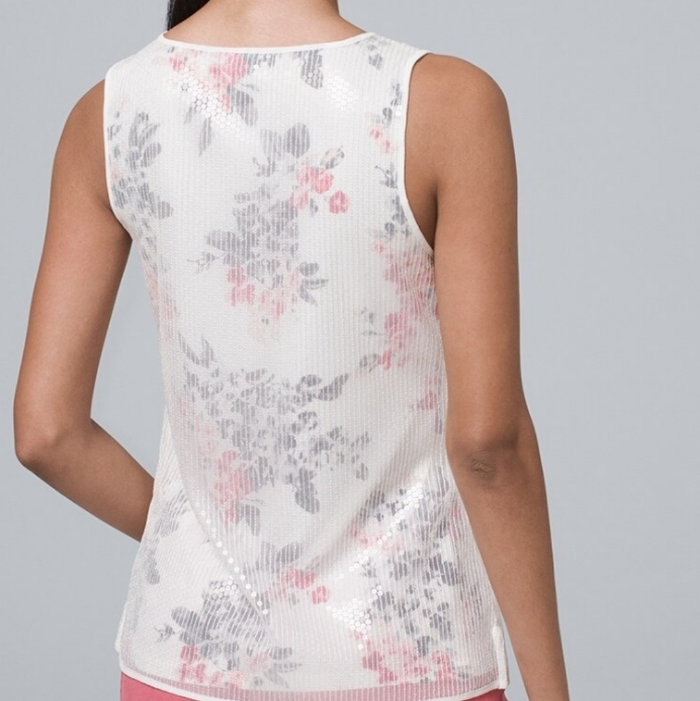 WHBM Women's Workplace Siren Girly White Sequin Overlay Floral Tank PXS - Picture 2 of 9